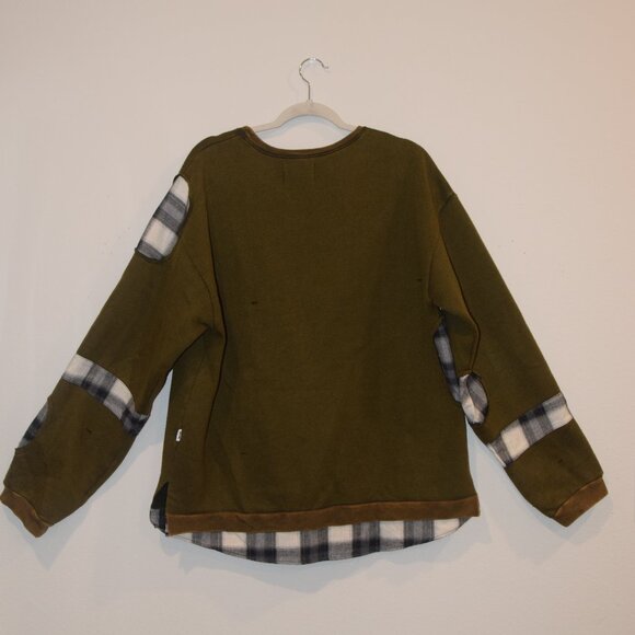 [Size L] EPTM Butcher Crewneck Acid Olive Distressed Plaid Pullover Sweatshirt - Picture 3 of 7
